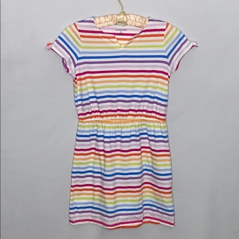 Lands' End Cotton Knit Rainbow Stripe Dress - M
